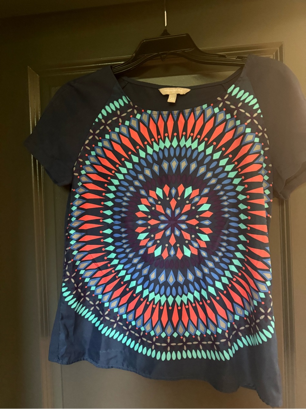Banana Republic Navy Short-Sleeve Top with Red and Teal Mandala Print